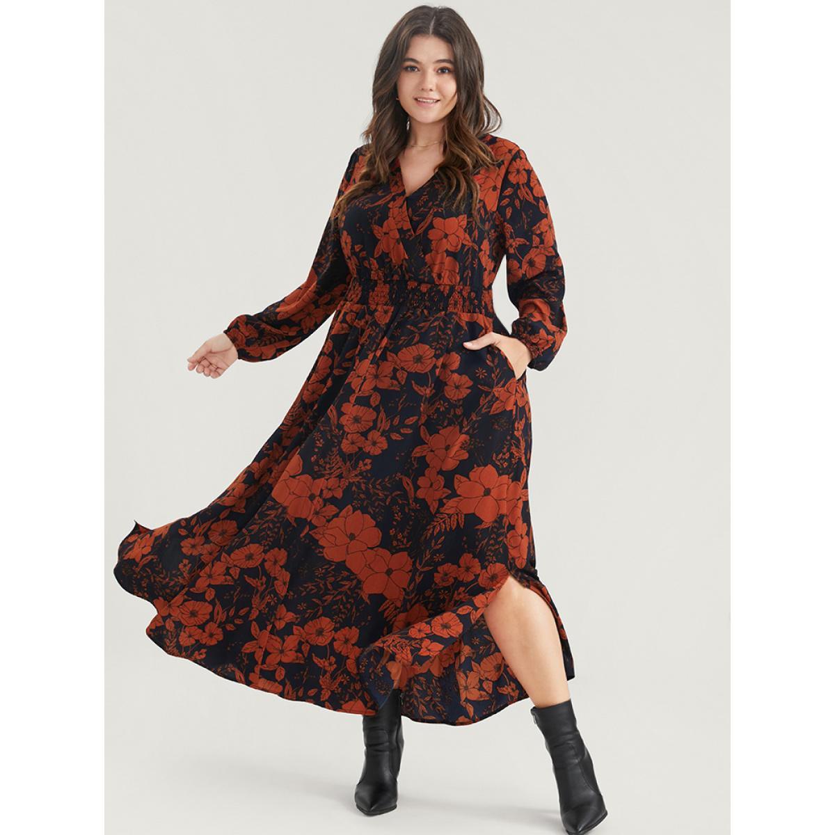 Plus Size Floral Print Pocket Wrap Lantern Sleeve Split Hem Dress Navy Women Elegant Pocket V-neck Long Sleeve Curvy Midi Dress BloomChic 10/M Product Image