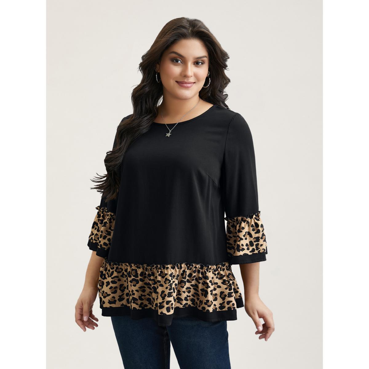 Plus Size Black Leopard Print Patchwork Tiered Blouse Women Casual Elbow-length sleeve Round Neck Everyday Blouses BloomChic 22-24/3X Product Image