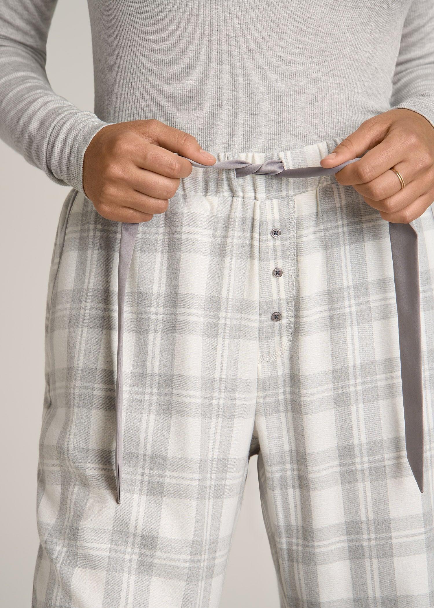 Open-Bottom Flannel Pajama Pants for Tall Women in Heather Grey and White Plaid Female Product Image