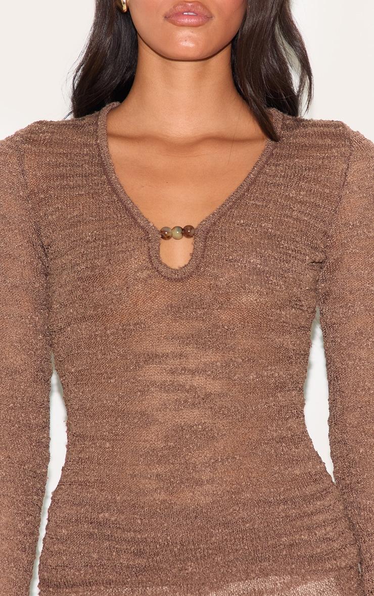 Chocolate Sheer Bobble Crochet Long Sleeve Beaded Keyhole Cut Out Top Product Image