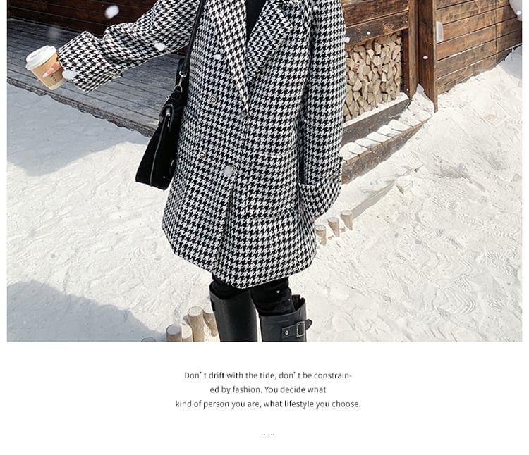 Notch Lapel Houndstooth Double-Breasted Long Coat Product Image