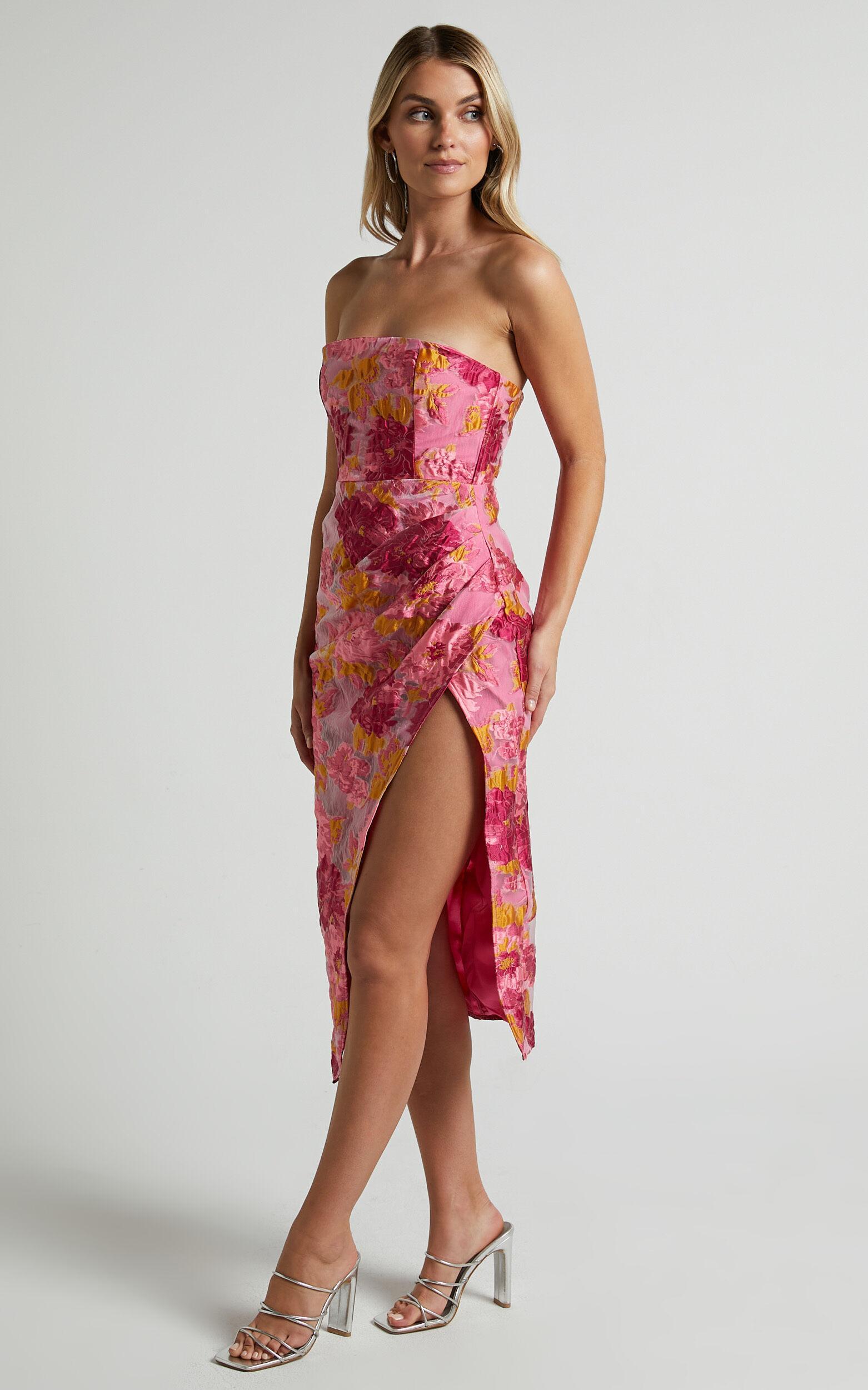 Brailey Midi Dress - Thigh Split Strapless Dress in Pink Jacquard Product Image