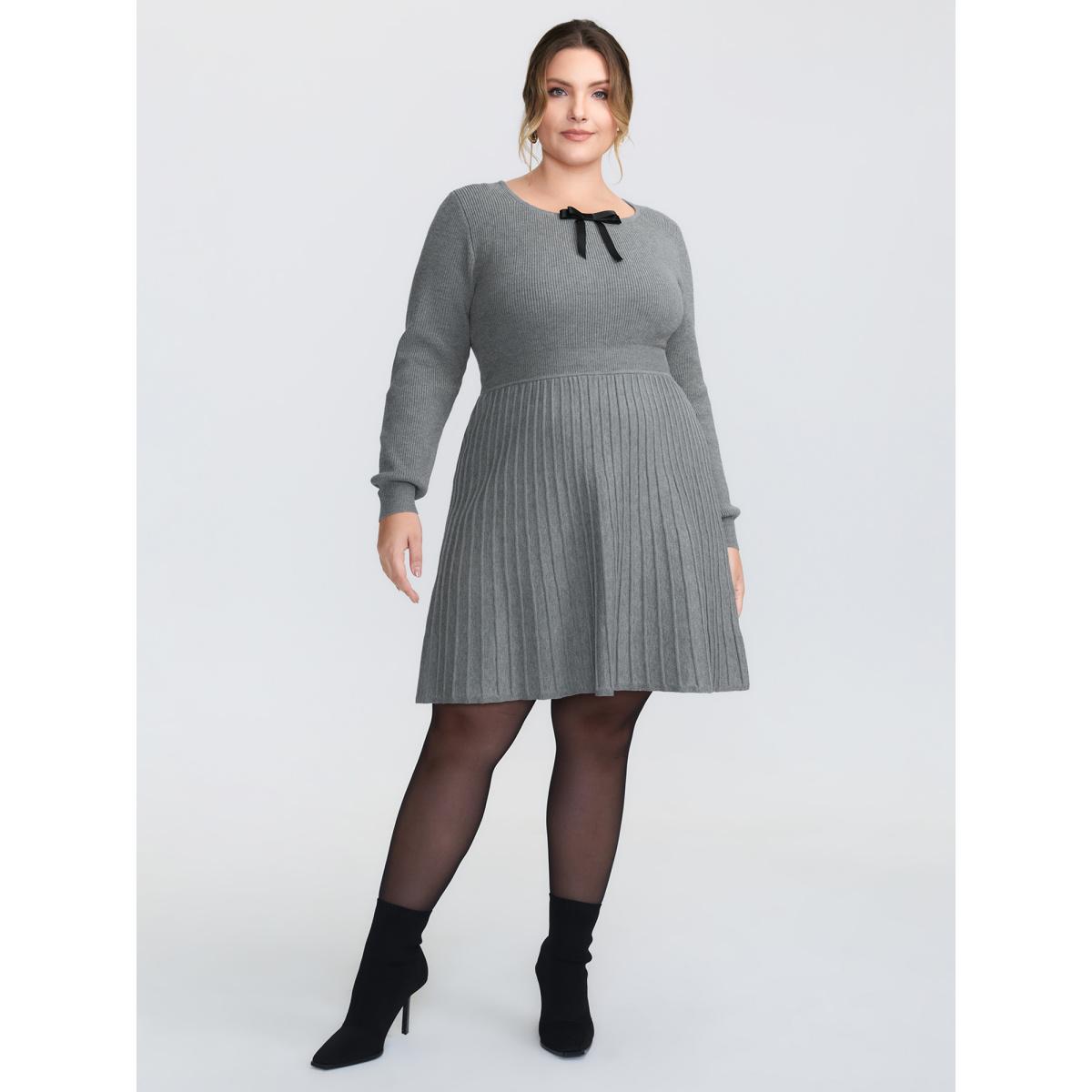 Plus Size Bowknot Neckline Cinched-Waist A-Line Sweater Dress DarkGray Women Timeless Bodycon Long Sleeve Elegant Sweater Dresses BloomChic 12/L Product Image