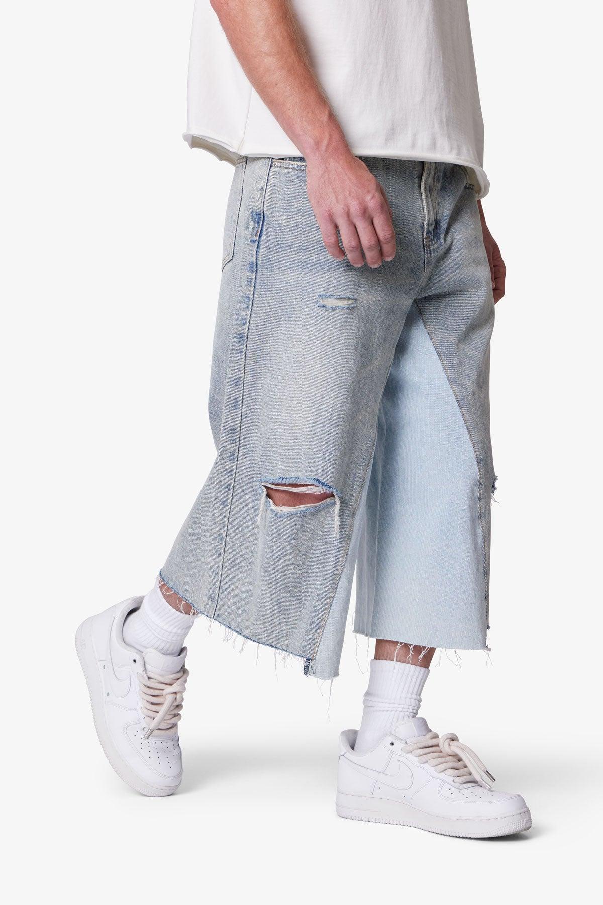 Panelled Denim Shorts - Washed Light Blue Product Image