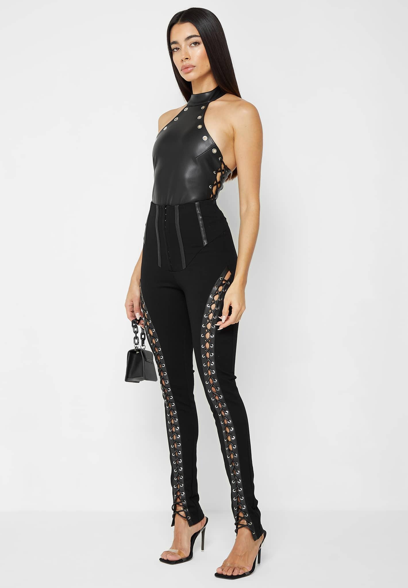 Leather Lace Up Halterneck Bodysuit - Black Female Product Image