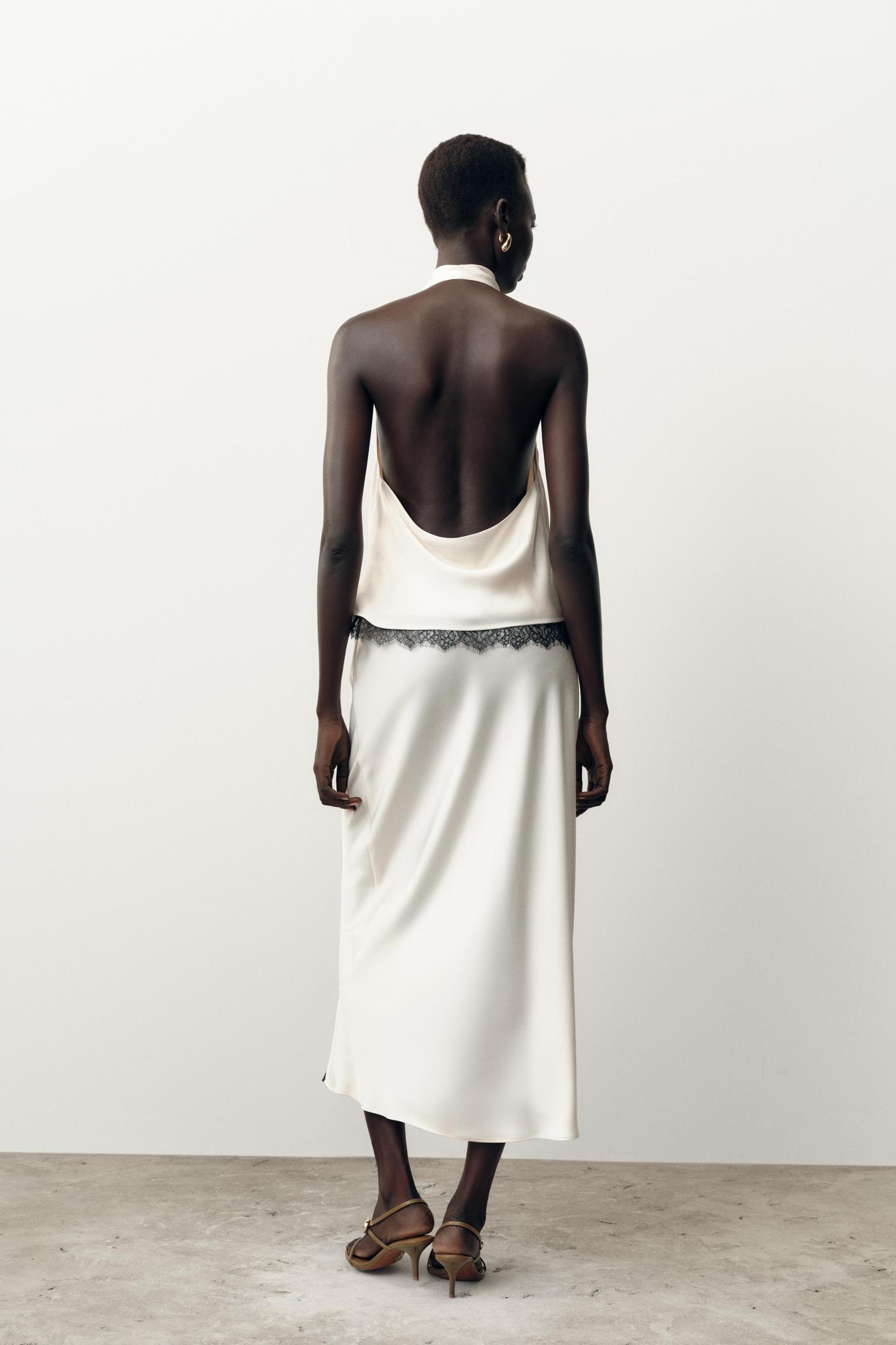 SATIN EFFECT LACE MIDI SKIRT Product Image