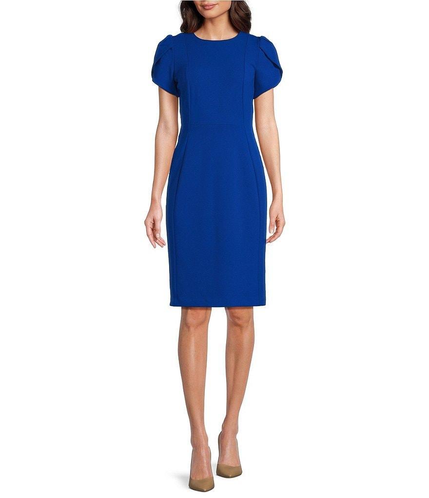 Calvin Klein Scuba Crepe Short Petal Sleeve Crew Neck Sheath Dress Product Image