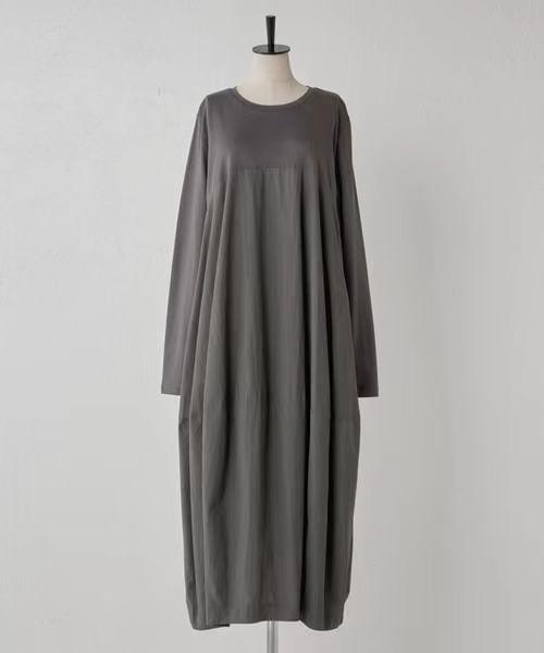 Long-Sleeve Crew Neck Plain Midi Smock Dress Product Image