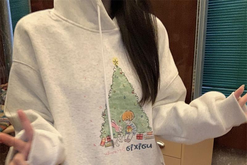 Drop Shoulder Drawstring Christmas Tree Print Oversized Hoodie Product Image