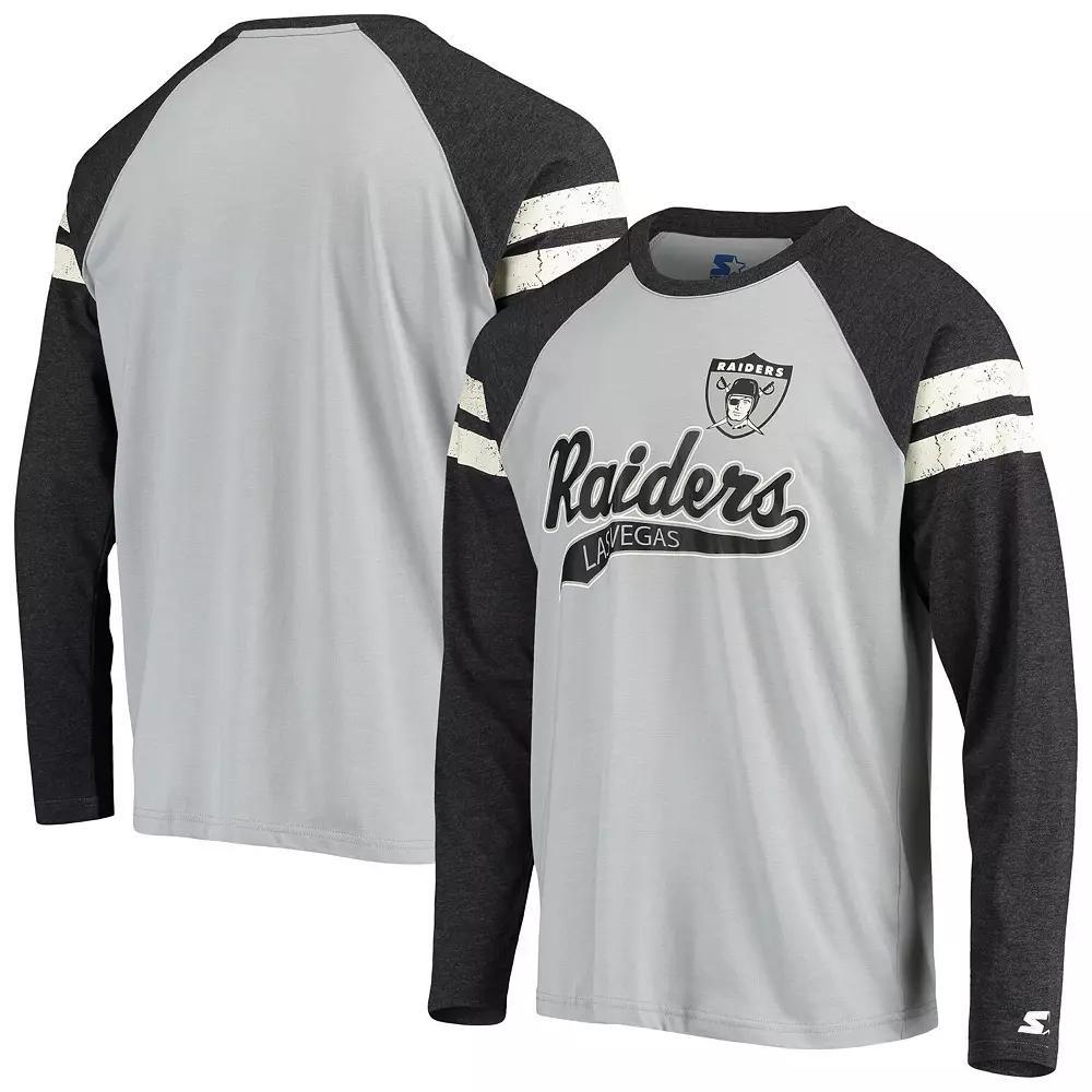 Men's Starter Silver/Black Las Vegas Raiders Throwback League Raglan Long Sleeve Tri-Blend T-Shirt, Size: Small, Lvr Silver Product Image