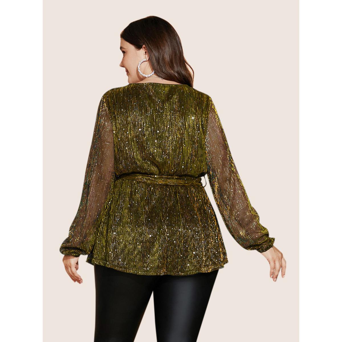 Plus Size Gold Sequin Mesh Lantern Sleeve Wrap Belted Striped Blouse Women Party&Cocktail Long Sleeve Overlap Collar Party Blouses BloomChic 26/4X Product Image