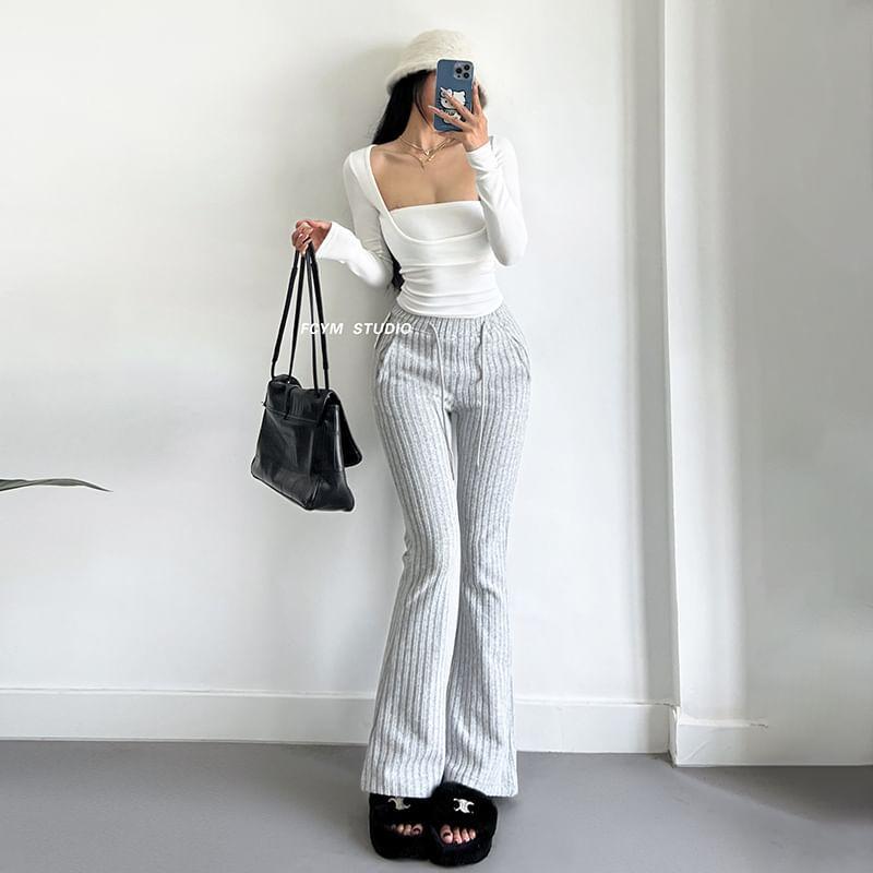 Drawstring Waist Plain Ribbed Flared Pants Product Image