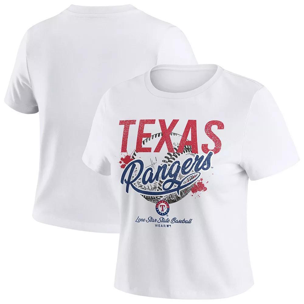Women's WEAR by Erin Andrews  White Texas Rangers Distressed Cropped Baby T-Shirt, Size: Large Product Image