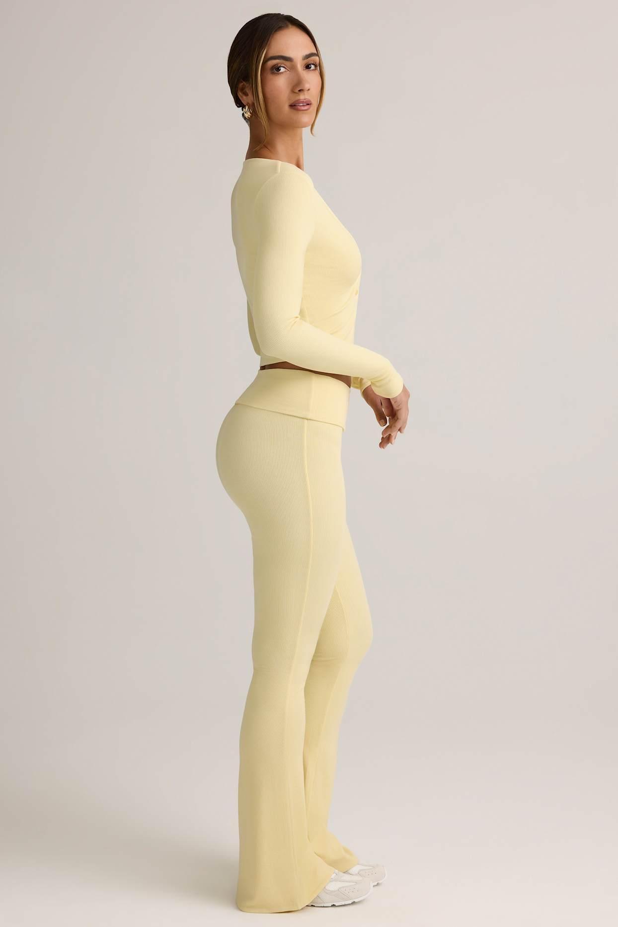Modal Ribbed Foldover Flared Trousers in Buttercream Yellow Product Image
