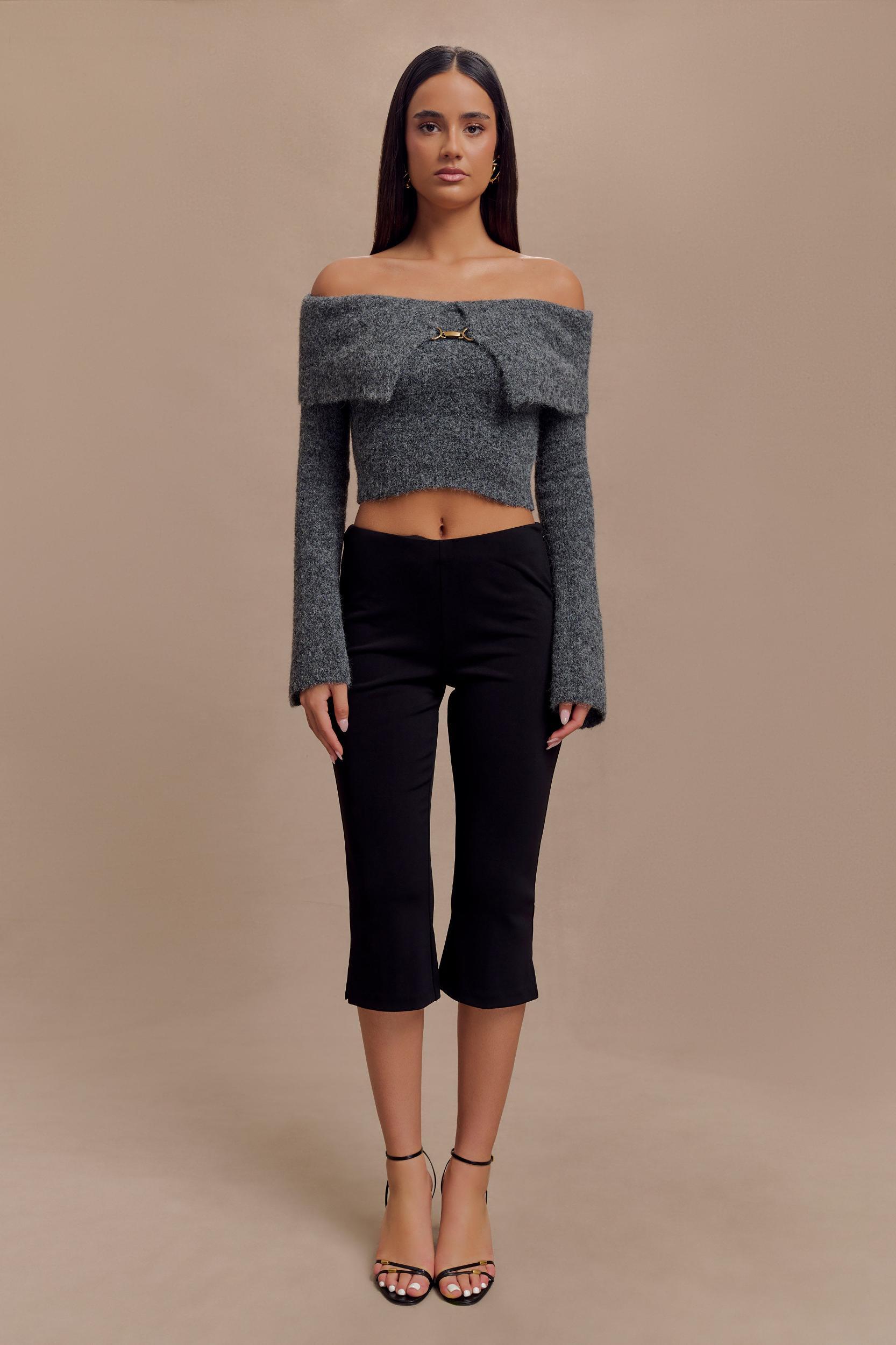 Baxter Off Shoulder Fluffy Knit Top - Charcoal Product Image
