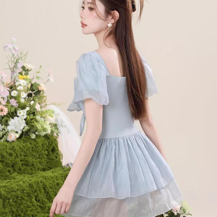 Puff Sleeve Sweetheart Neck Plain Bow Swimdress Product Image