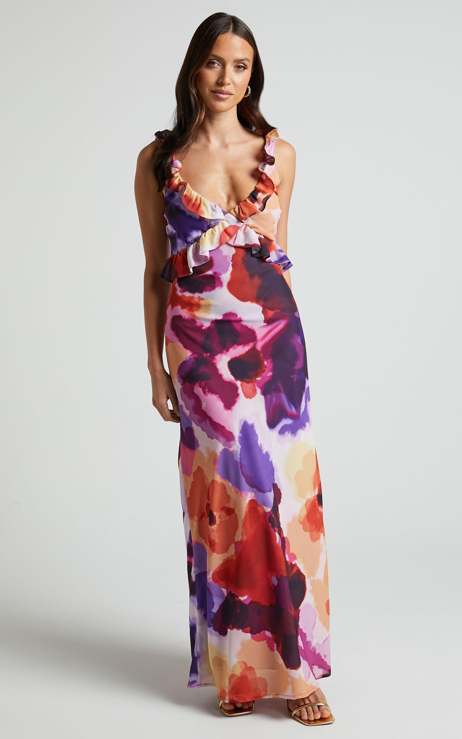 Charlie Midi Dress - V Neck Low Back Frill Detail Dress in Watercolour Floral Product Image