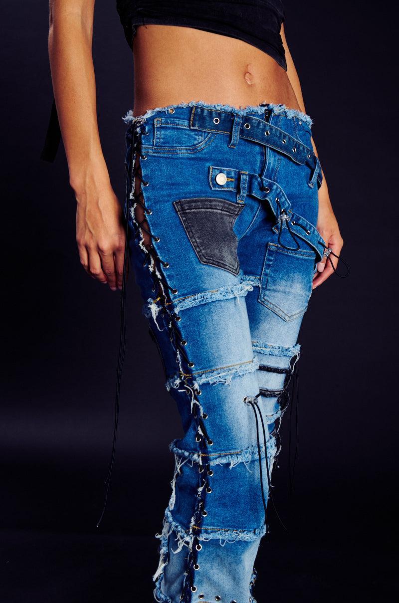 LAY LOW DISTRESSED DENIM FLARE PANT Product Image