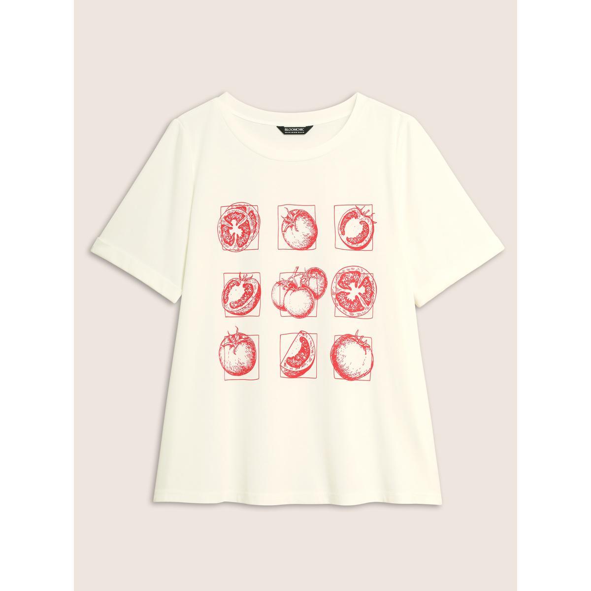 Plus Size Art & Design Tomato Print Round Neck T-shirt WhiteSmoke Women Casual Contrast Art&design Round Neck Everyday T-shirts BloomChic 12/L Product Image