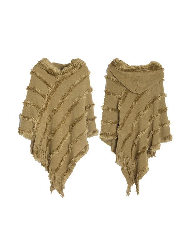 Hooded Keep Warm Solid Color Tasseled Cape Shawl&Cloak Product Image