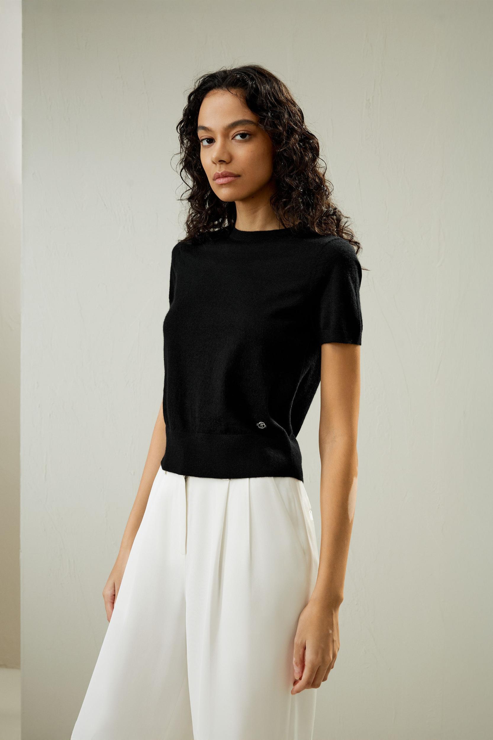 LILYSILK Short Sleeve Cashmere Jumper for Women Black 100% A-Grade Cashmere Soft Round Neck T-Shirt M Product Image