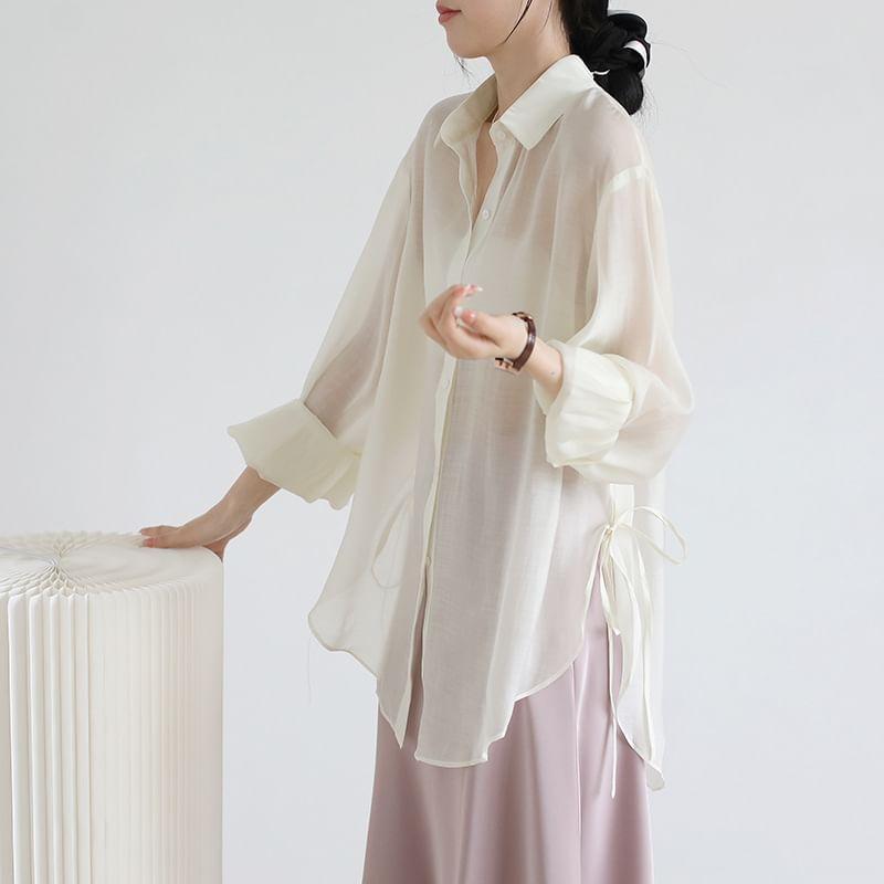 Long-Sleeve Plain Asymmetrical Sheer Oversized Shirt Product Image