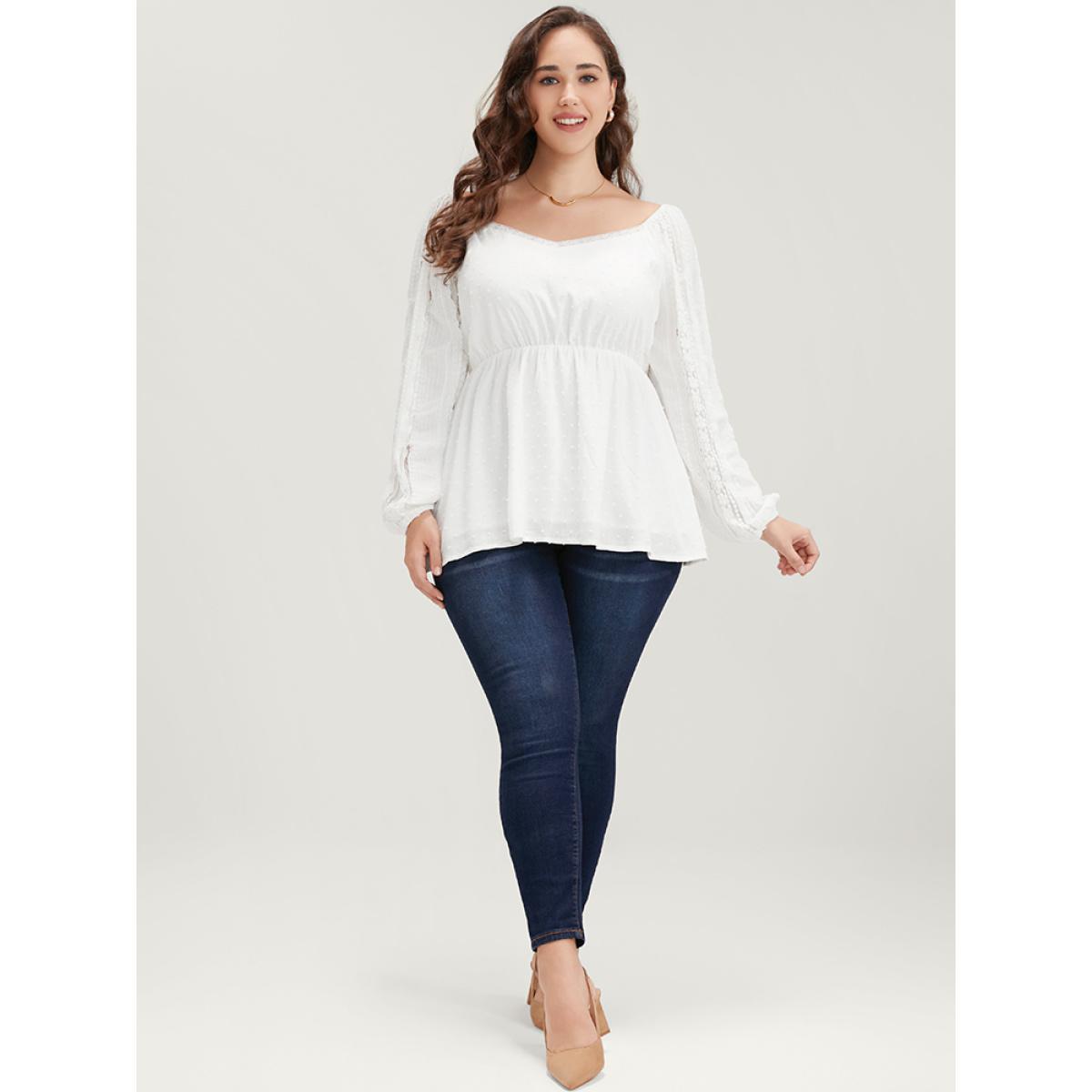 Plus Size WhiteSmoke Solid Lace Patchwork Lantern Sleeve Blouse Women Elegant Long Sleeve V-neck Dailywear Blouses BloomChic 10/M Product Image