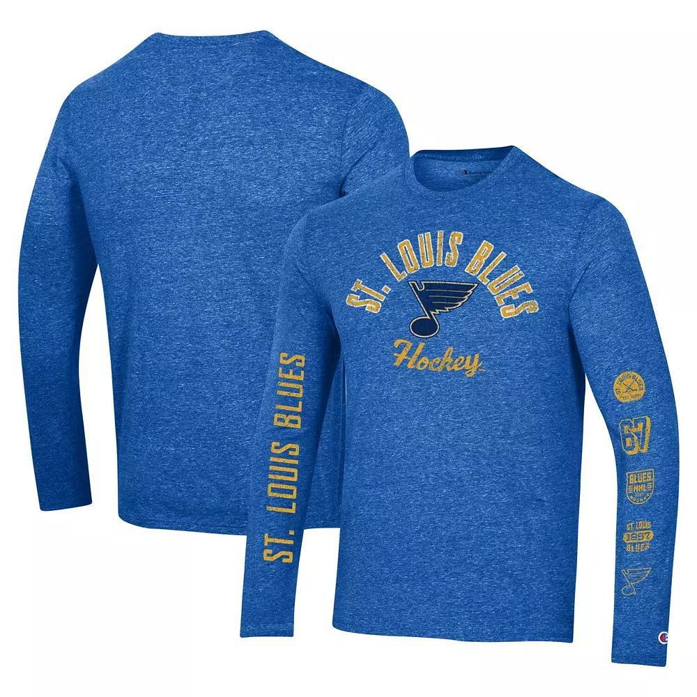 Men's Champion Heather Blue St. Louis Blues Multi-Logo Tri-Blend Long Sleeve T-Shirt, Size: Small, Team Product Image