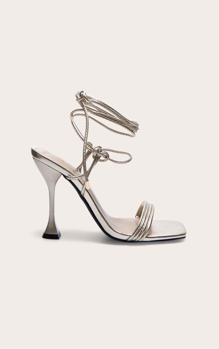 Gold Pu Square Toe Triple Strap Lace Up Mid Heeled Sandals Product Image