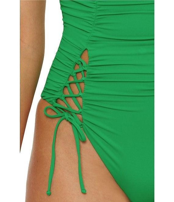 Becca By Rebecca Virtue Color Code Square Neck Lace-Up Shirred One Piece Swimsuit Product Image