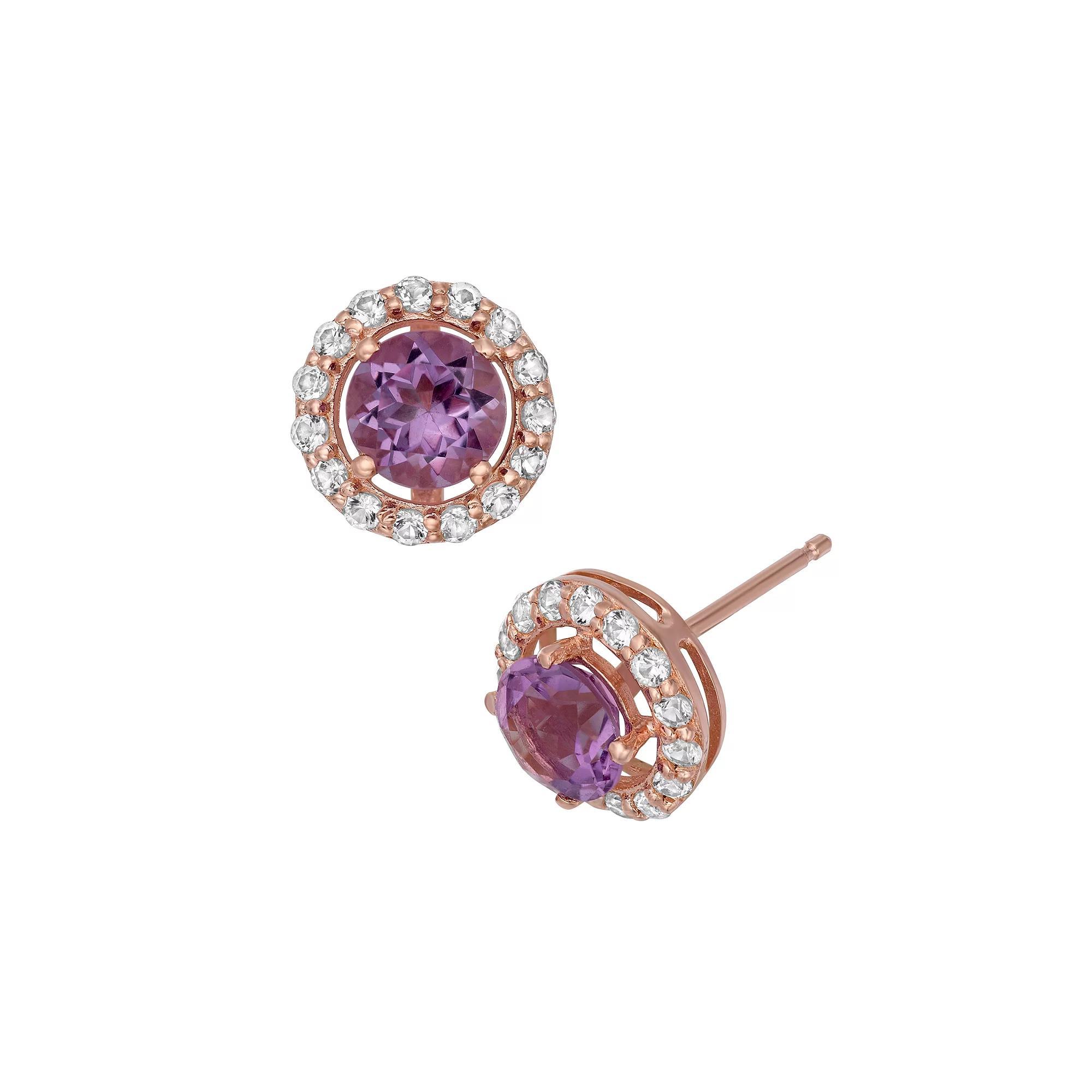 Amethyst and Lab-Created White Sapphire 14k Rose Gold Over Silver Halo Stud Earrings, Women's, Multi Product Image
