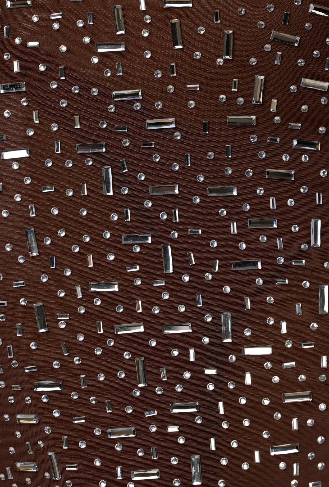 Sheer Embellished Long Sleeve Crop Top in Deep Cocoa Product Image