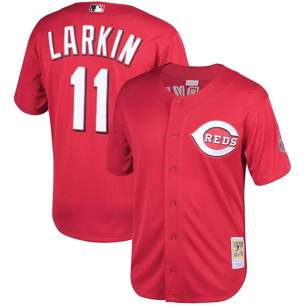 Men's Mitchell & Ness Barry Larkin Red Cincinnati Throwback Reds Cooperstown Mesh Batting Practice Jersey,  Product Image