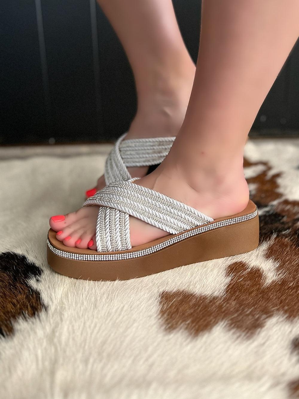 White Rhinestone Crisscross Platform Sandals Product Image