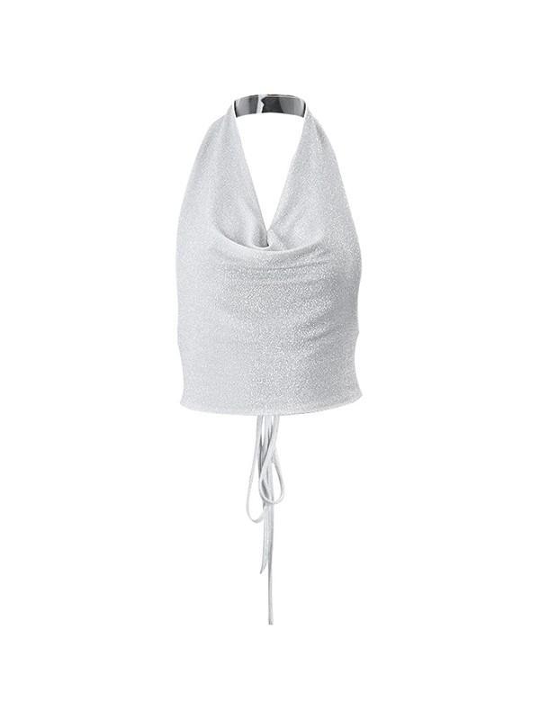 Metallic Silver Halter Cropped Tank Top Product Image