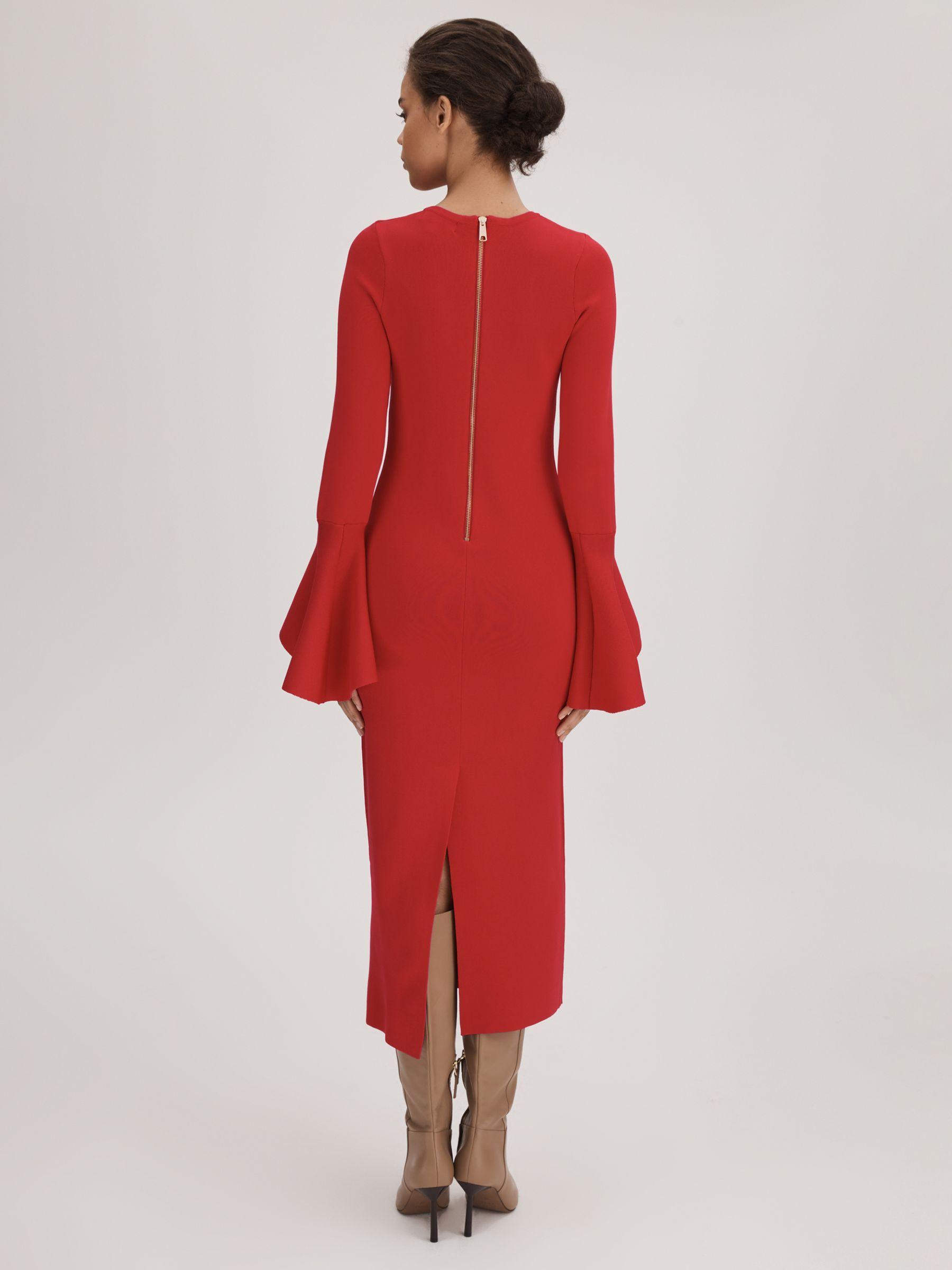 Florere Fitted Fluted Cuff Midi Dress in Red Product Image