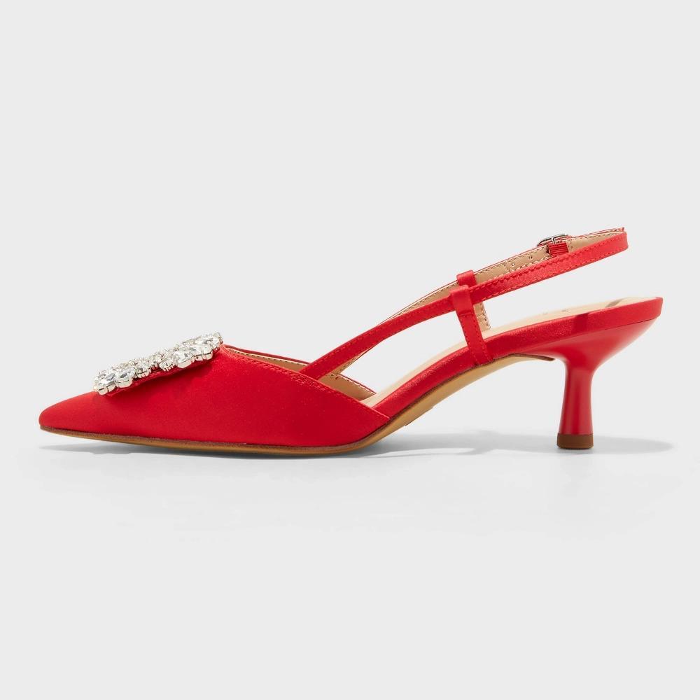 Women's Annette Satin Slingback Heels with Memory Foam Insole - A New Day™ Red 9.5 Product Image