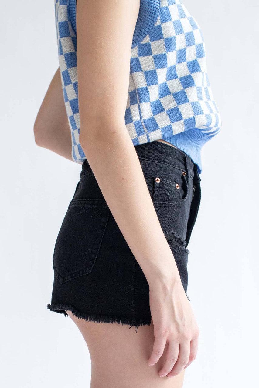 Black High Waisted Distressed Denim Shorts 2 Product Image
