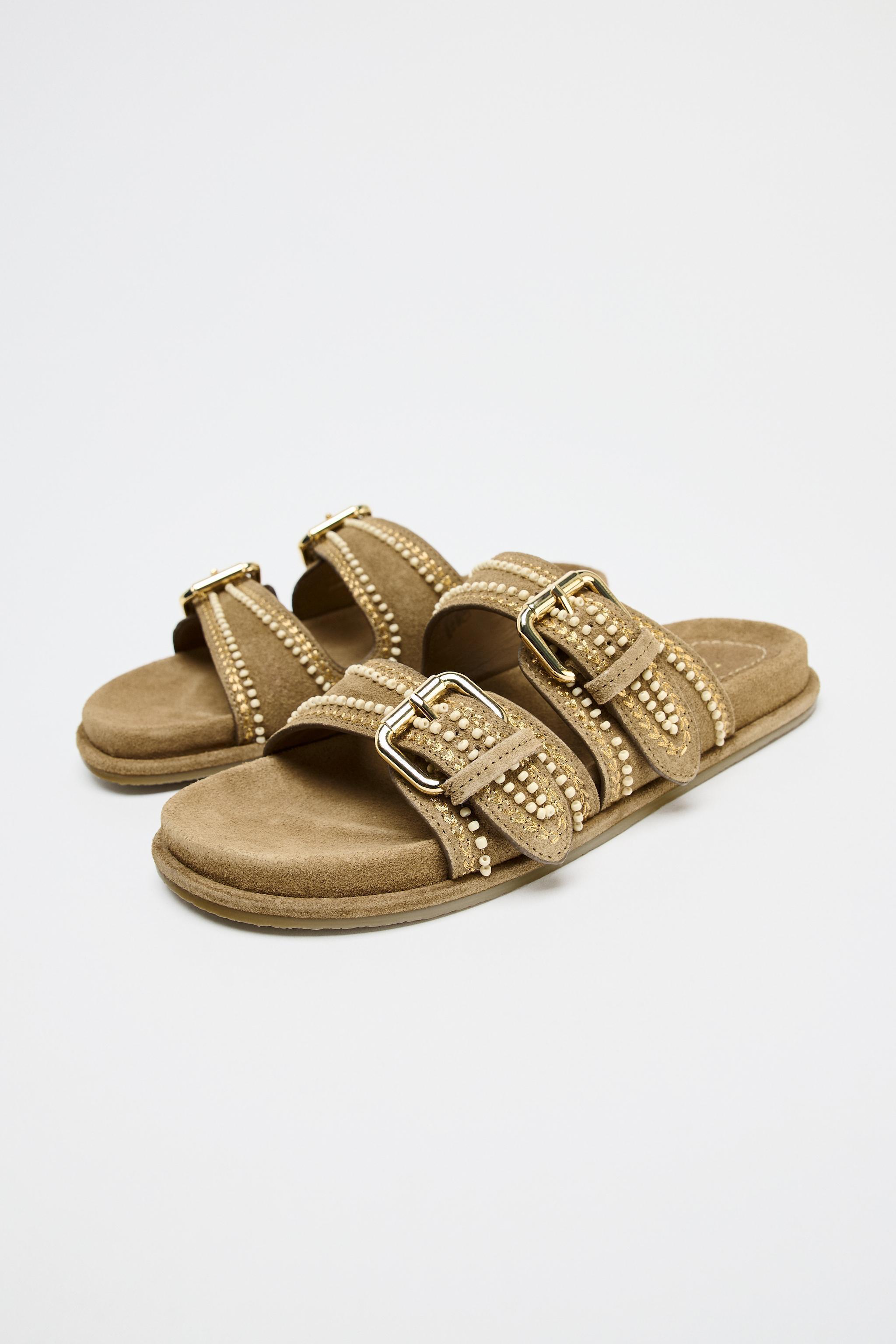 EMBROIDERED SUEDE SLIDE SANDALS Product Image