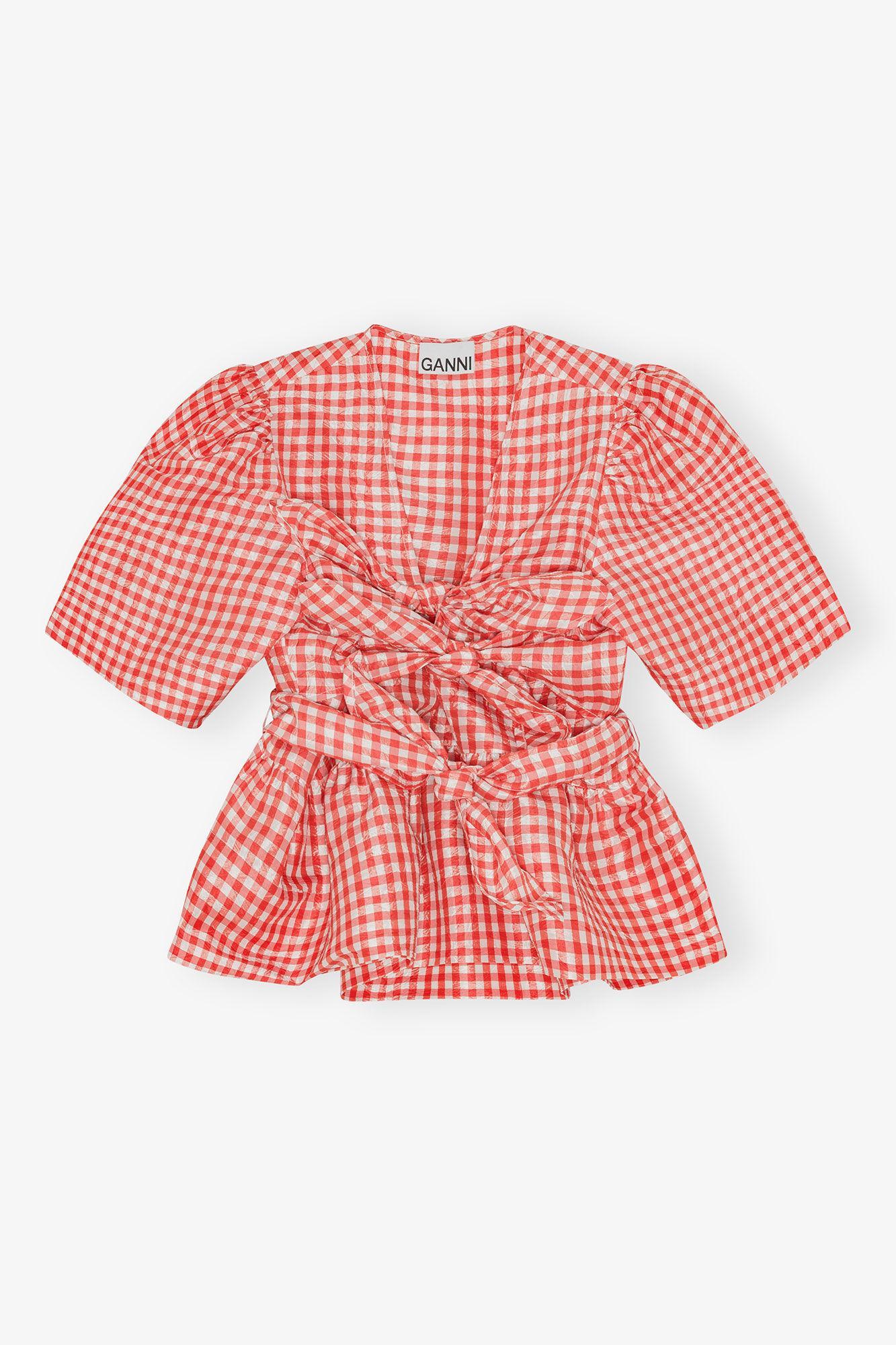 Red Crinkled Check Taffeta Blouse Product Image