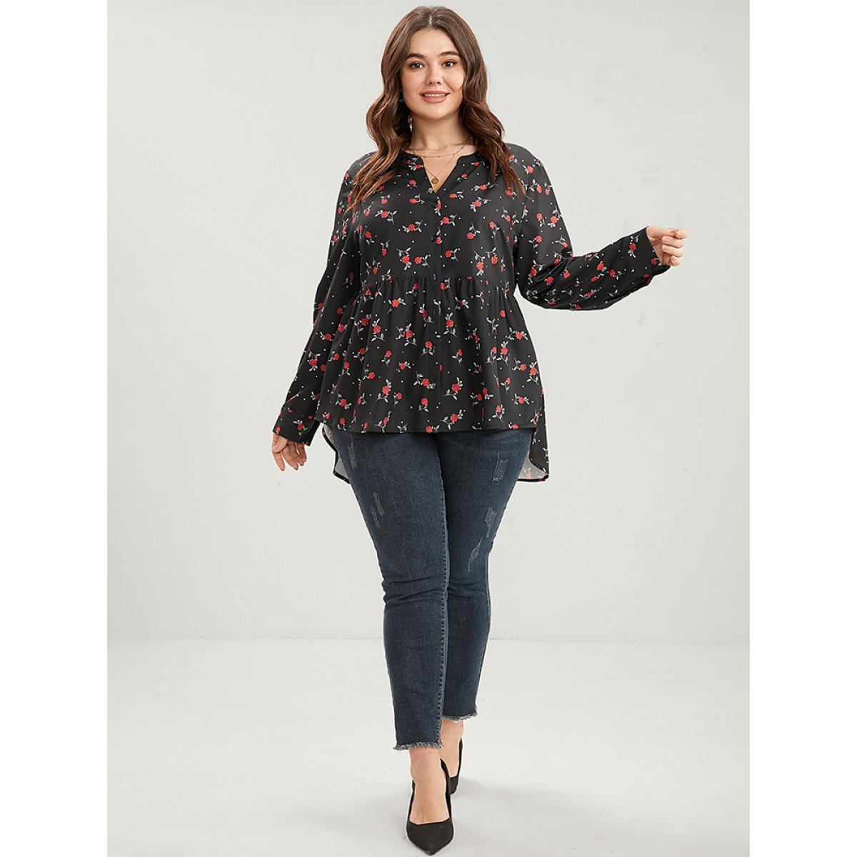 Plus Size Midnight Floral Print Button Up High Low Hem Blouse Women Elegant Long Sleeve V-neck Dailywear Blouses BloomChic 30/6X Product Image