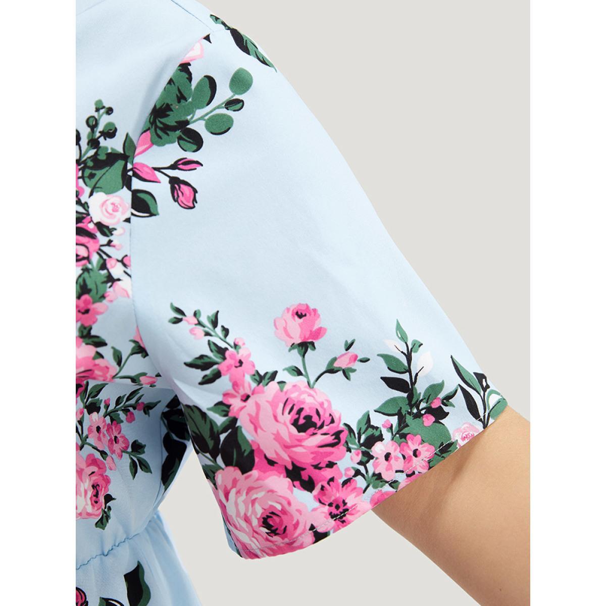 Plus Size LightBlue Floral Half Zipper Ruffle Sleeve Blouse Women Elegant Short sleeve V-neck Dailywear Blouses BloomChic 28/5X Product Image