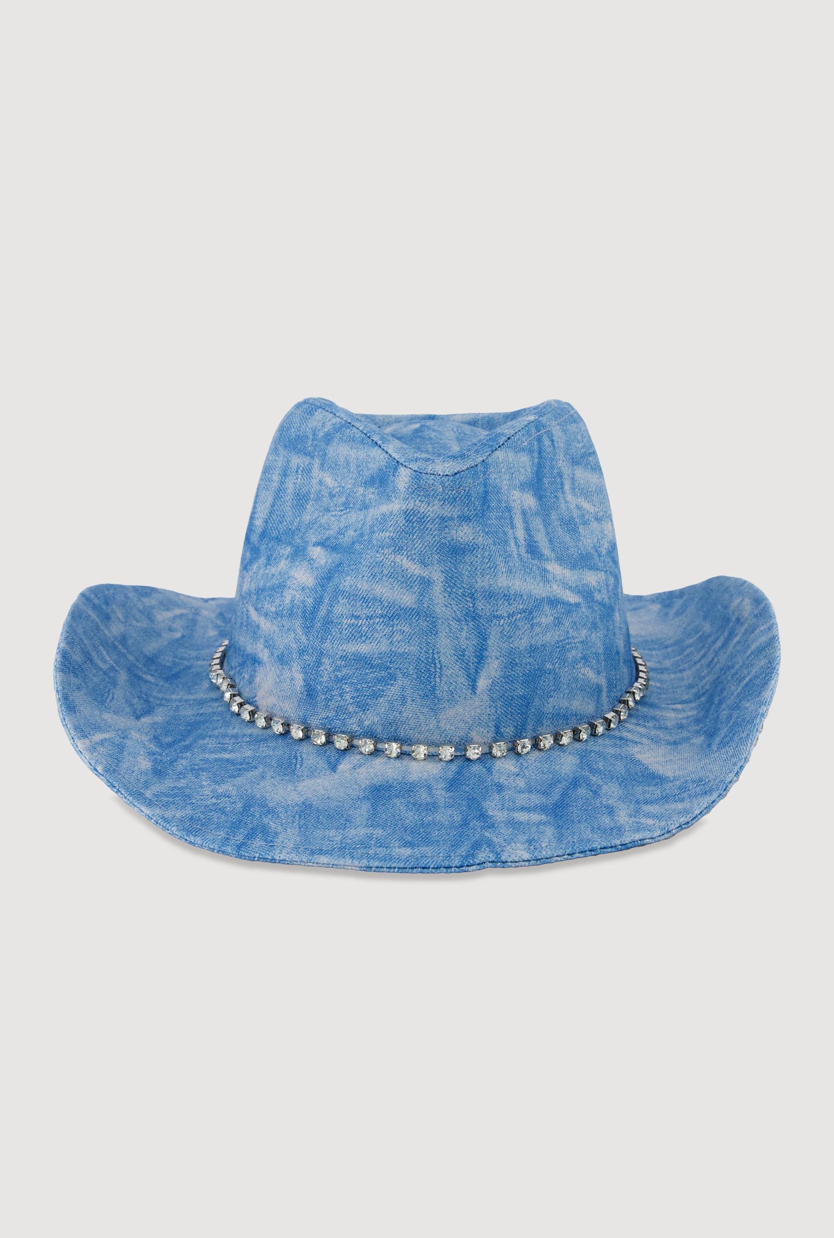 Rhinestone Trim Denim Print Cowboy Hat Female Product Image