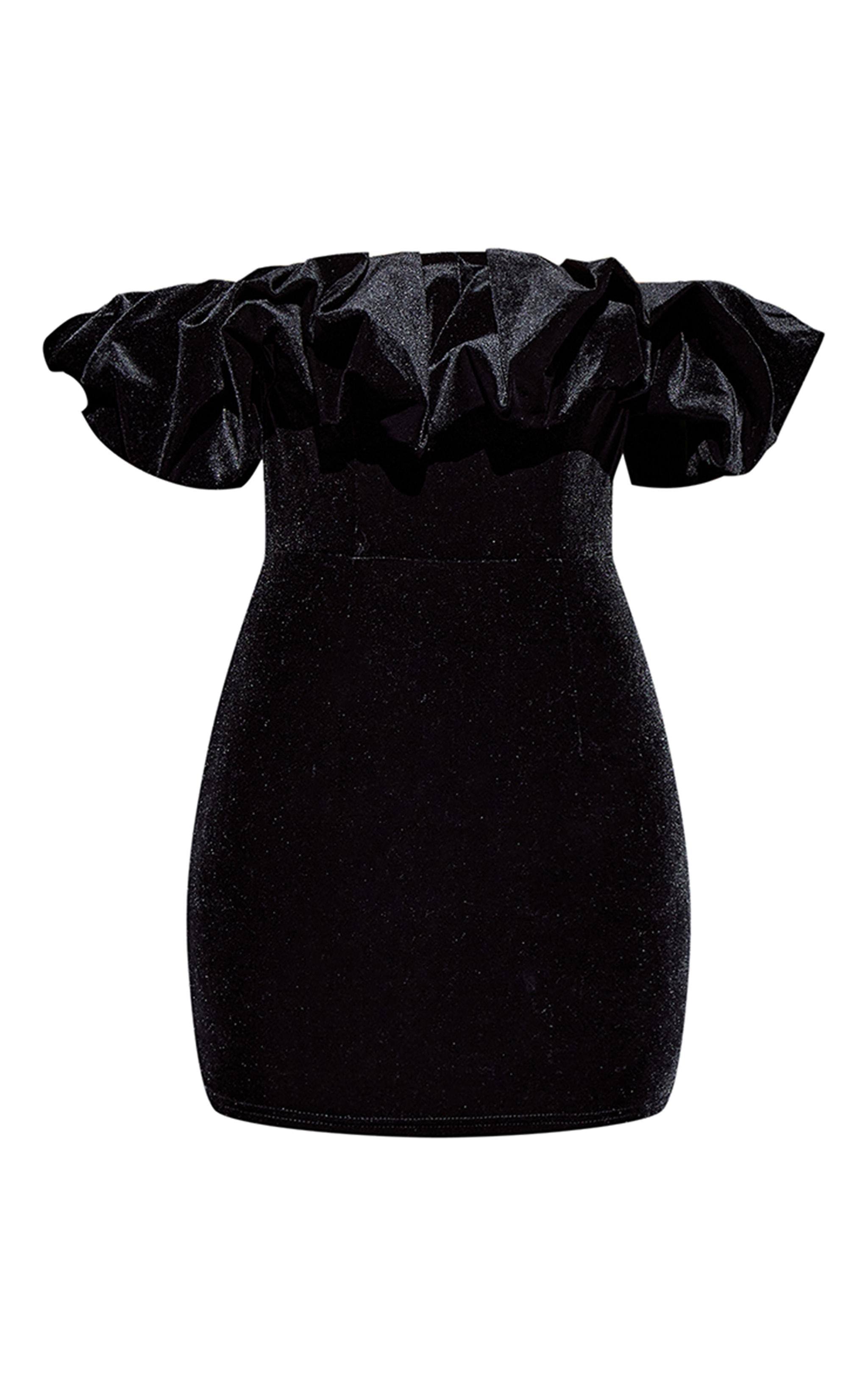 Black Velvet Bardot Ruffle Bodycon Dress Product Image