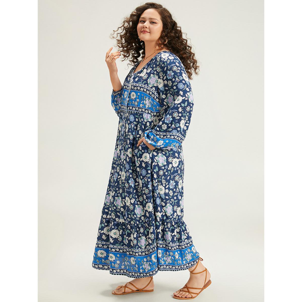 Plus Size Floral Print Pocket Knot Neck Dress Indigo Women Vacation Cross straps Tie Neck Long Sleeve Curvy Midi Dress BloomChic 26/4X Product Image