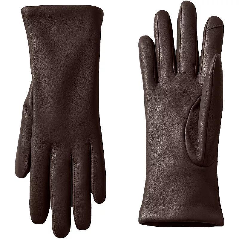 Womens Lands End Touch Screen Compatible Leather Gloves with Cashmere Lining Deep Brown Product Image