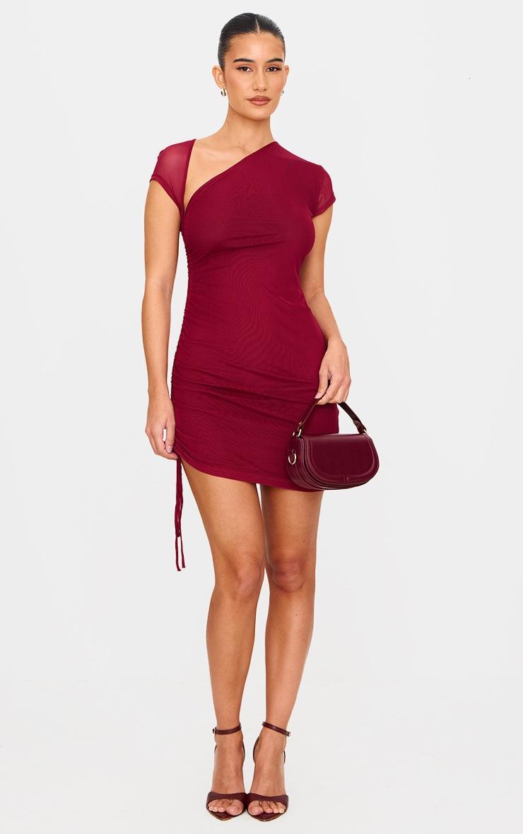  Burgundy Double Layered Mesh Ruched Mini Dress Product Image