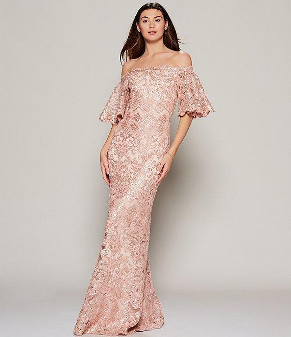 Tadashi Shoji Off-the-Shoulder Short Flutter Sleeve Sequin Lace Scalloped Hem Gown Product Image