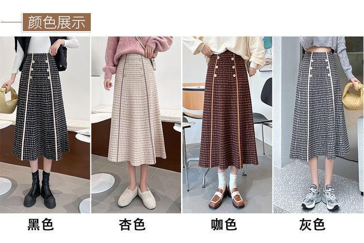 High Waist Plaid Double-Breasted Midi A-Line Knit Skirt Product Image