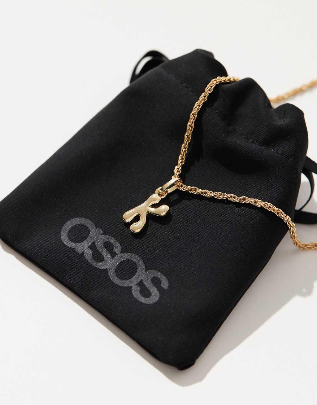 ASOS DESIGN 14k gold plated necklace with bubble K initial design with gift bag Product Image